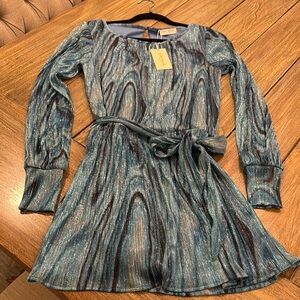 Ramy Brook brand new Blue and Silver Long Sleeve  Emberly Dress